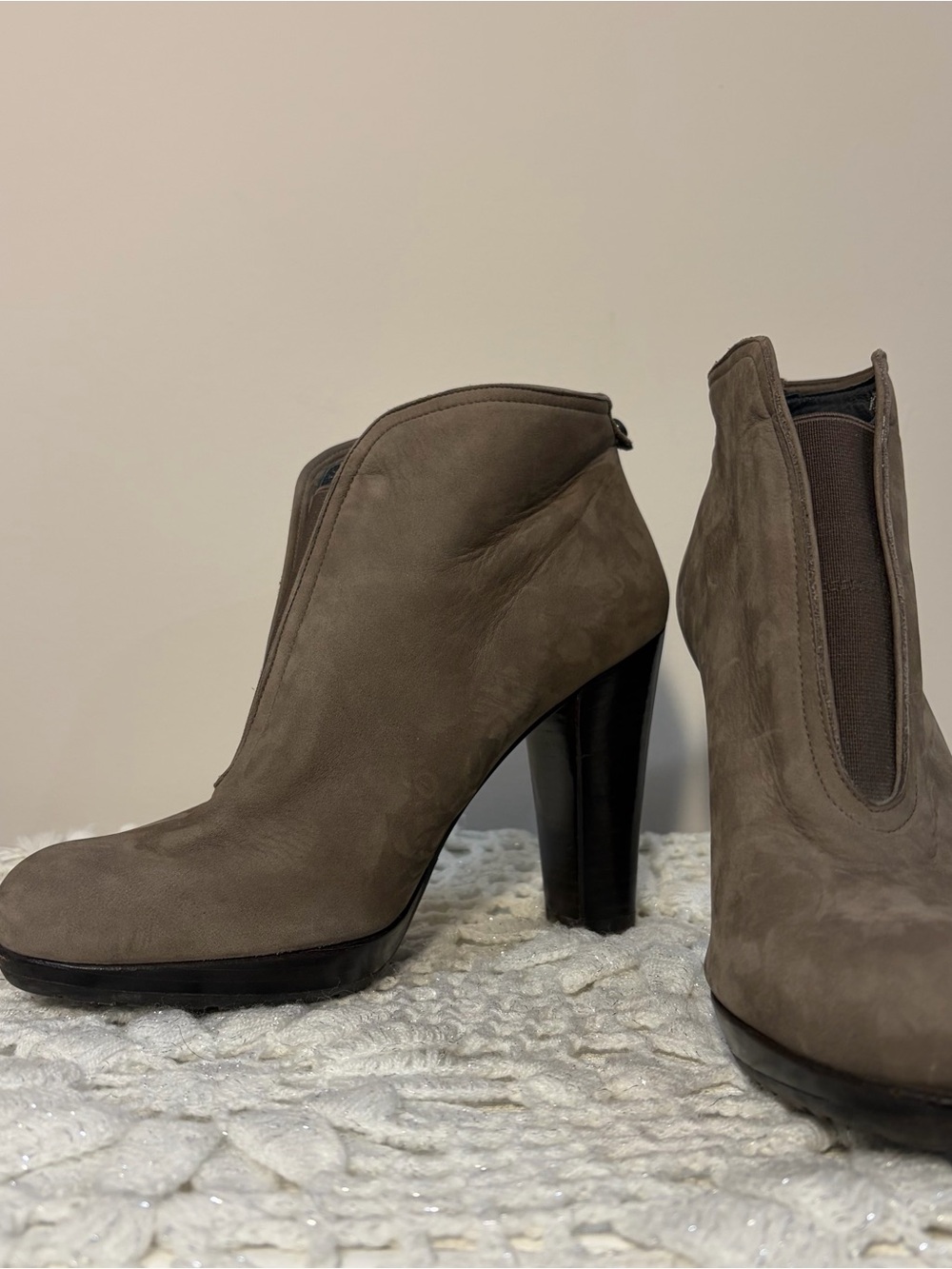 Suede High Heel Ankle Booties in Taupe
